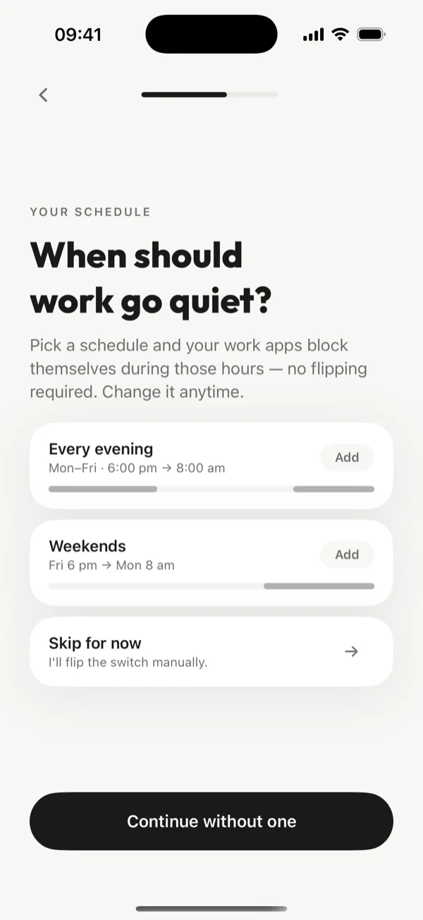 Schedule picker with Every evening, Weekends and Custom presets.