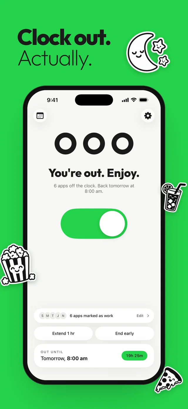 Out of Office home screen with the switch on and the line “You’re out. Enjoy.”