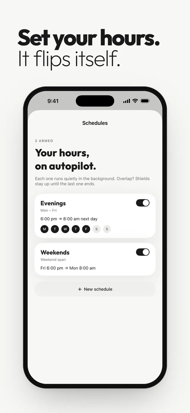 Out of Office schedules screen with Evenings and Weekends schedules switched on