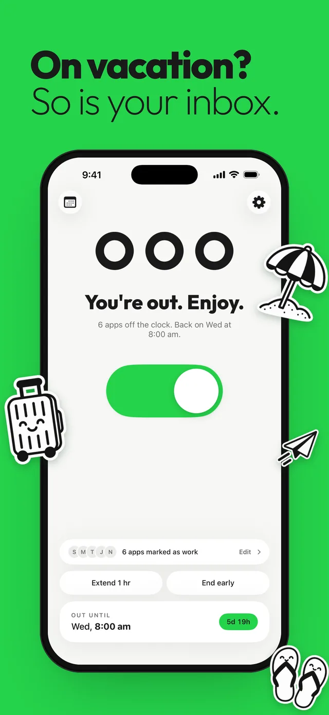 Out of Office home screen during a vacation, back on Wednesday at 8:00 AM